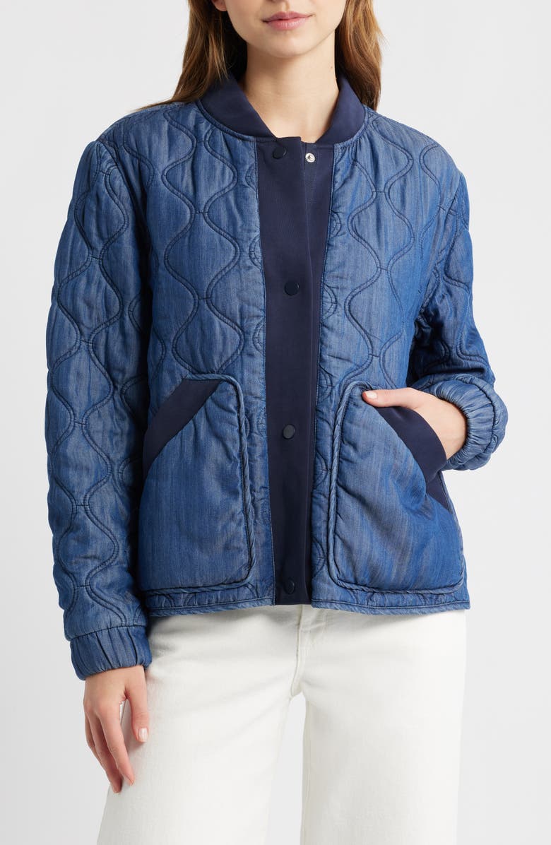 Bernardo Rib Trim Denim Quilted Liner Jacket, Alternate, color, Denim Blue W Navy Scuba