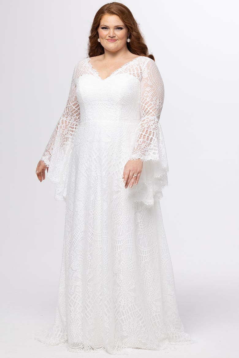 Boho Bell Sleeves Plus-Size Wedding Dress, Alternate, color, Diamond white