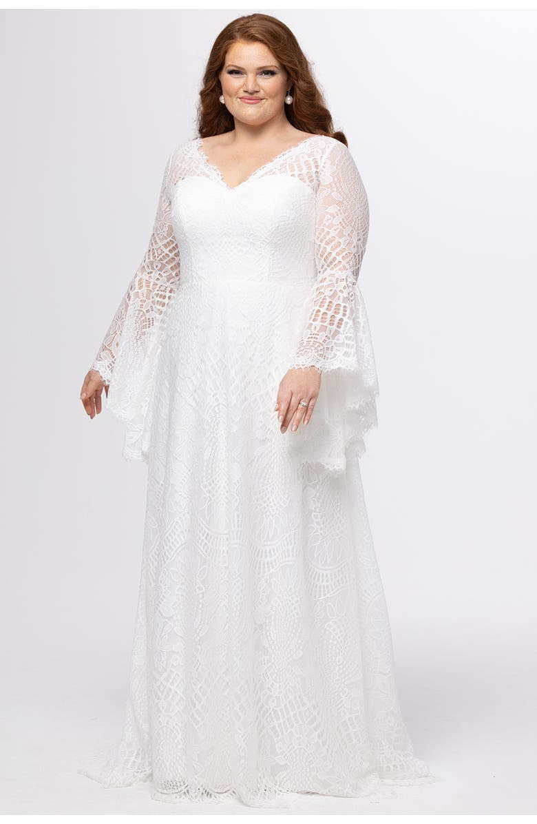 Celebrations by Sydney's Closet Boho Bell Sleeves Plus-Size Wedding Dress, Alternate, color, Diamond White
