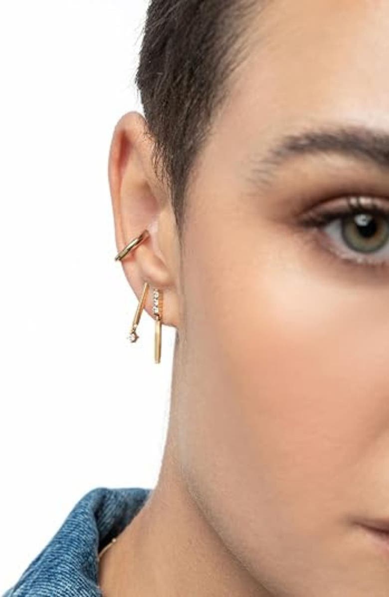 Oak & Luna Designer Bar Stud Earrings with Triple Cubic Zirconia in Gold Vermeil, Alternate, color, Gold Vermeil