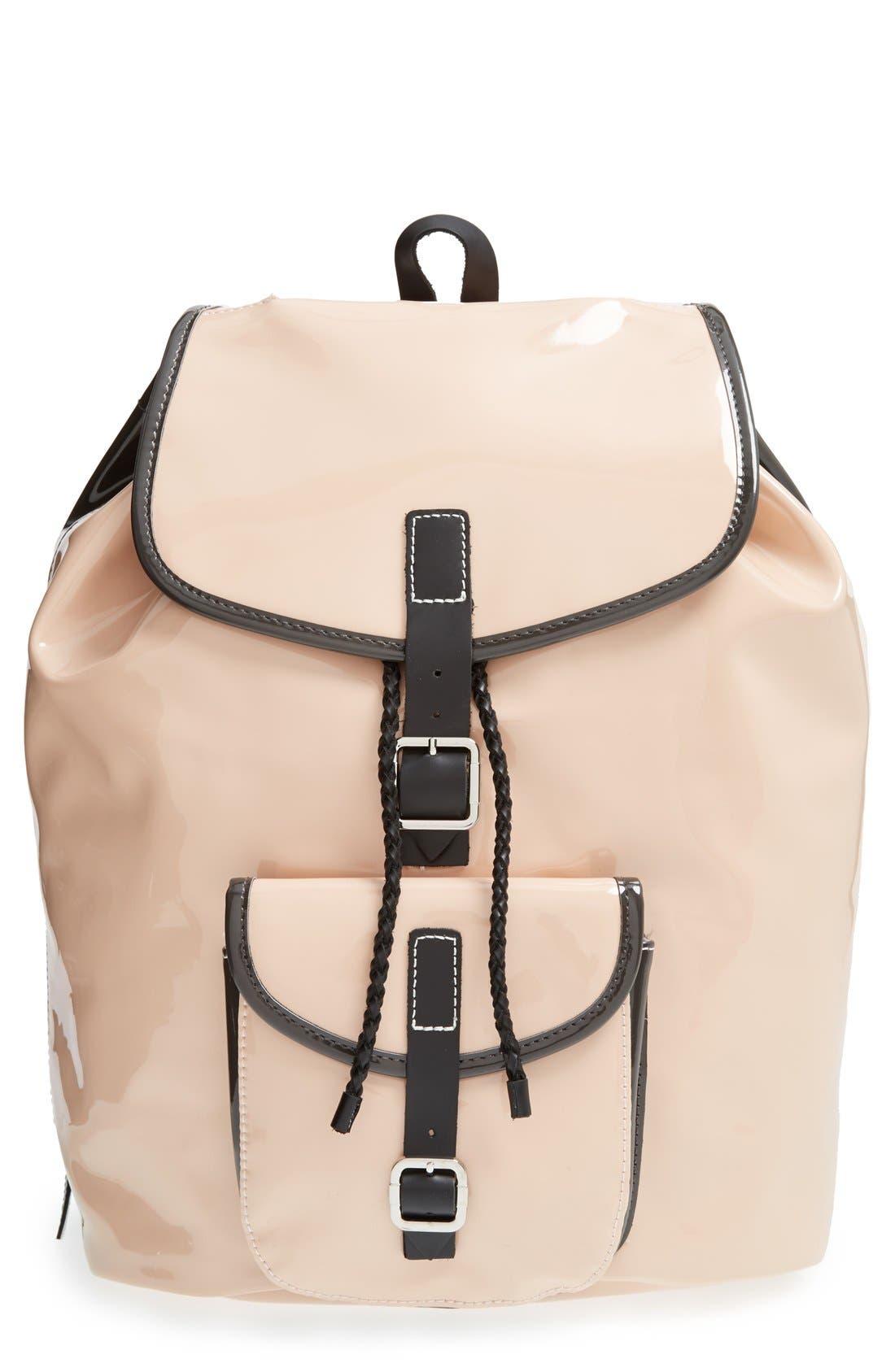 'Minjun' Faux Patent Leather Backpack, Main, color, BLUSH/ SLATE