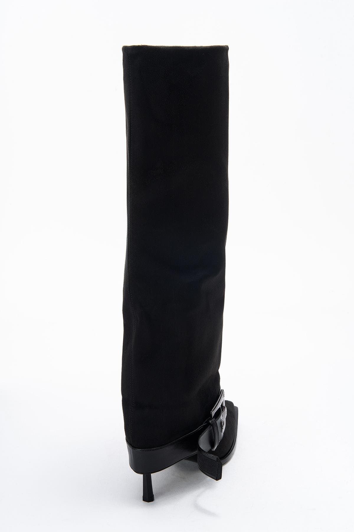 Prologue Shoes Elva Buckle Strap Knee High Boot, Alternate, color, Black Suede Faux Leather