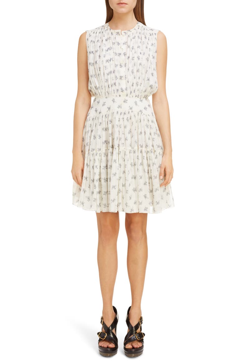 Gathered Floral Silk Georgette Minidress, Main, color, WHITE - GREY 1