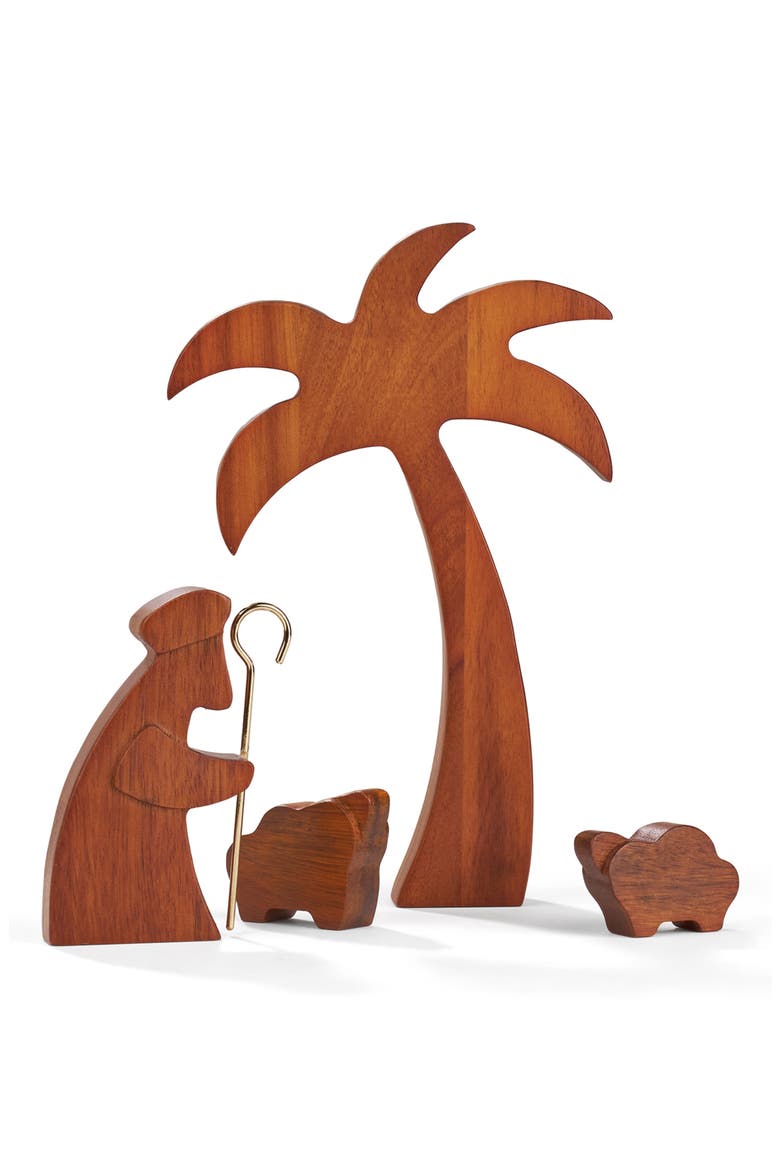 Nativity Four-Piece Wood Shepherd with Lambs & Palm Tree Set, Main, color, BROWN