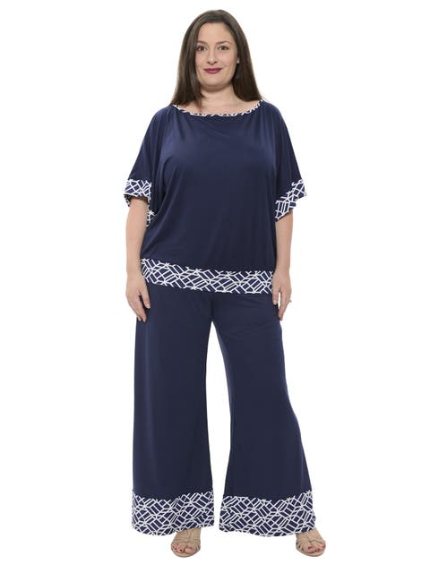 Plus Size Boat Neck Dolman Sleeve Printed Trim Top and Pant Set