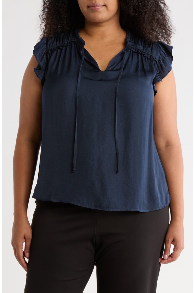 Satin Ruffle Split Neck Top, Main, color, INKWELL