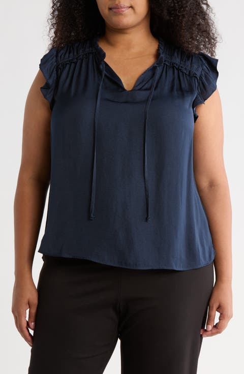 Satin Ruffle Split Neck Top (Plus)