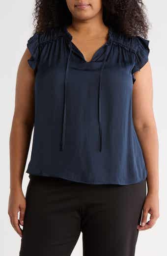 Satin Ruffle Split Neck Top