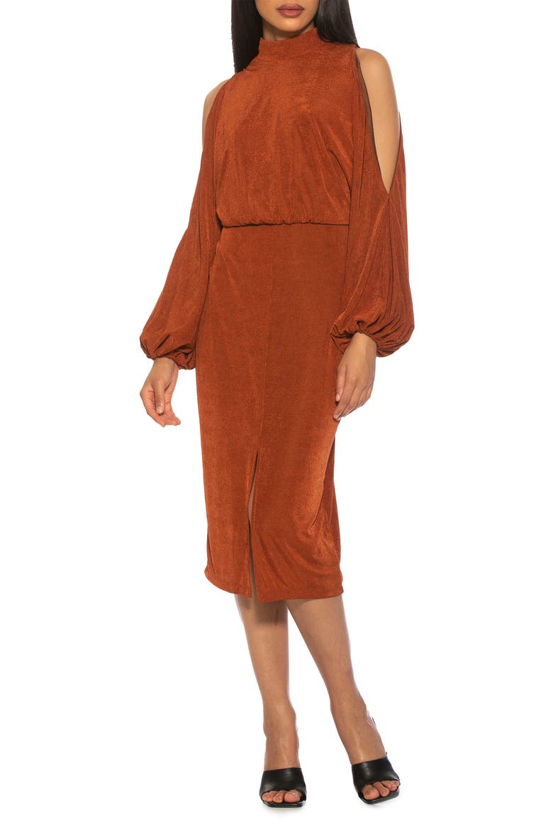 Sem Mock Neck Cold Shoulder Midi Dress, Alternate, color, CAMEL