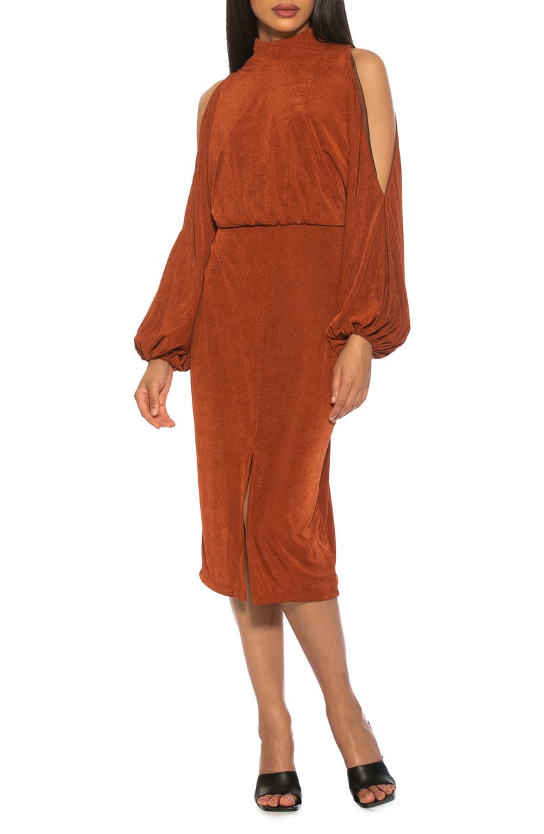 Alexia Admor Sem Mock Neck Cold Shoulder Midi Dress, Alternate, color, Camel