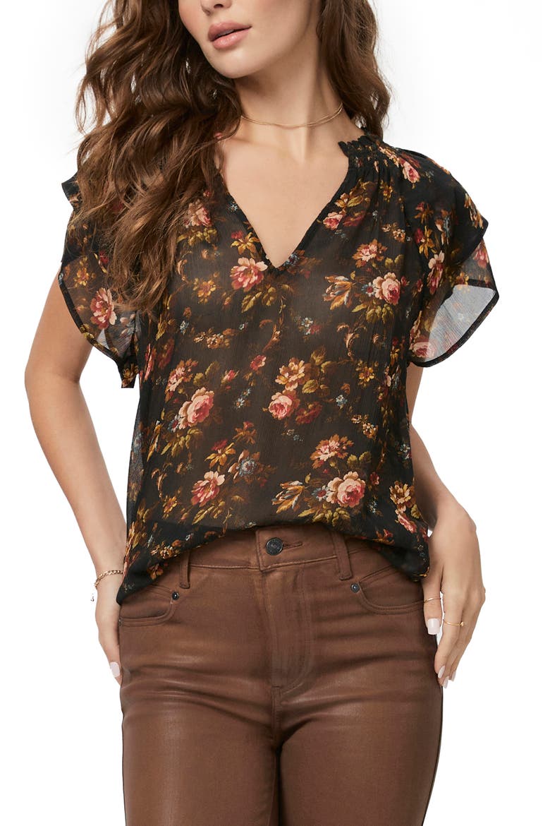 Ally Floral Flutter Sleeve Silk Top, Alternate, color, BLK MLTI