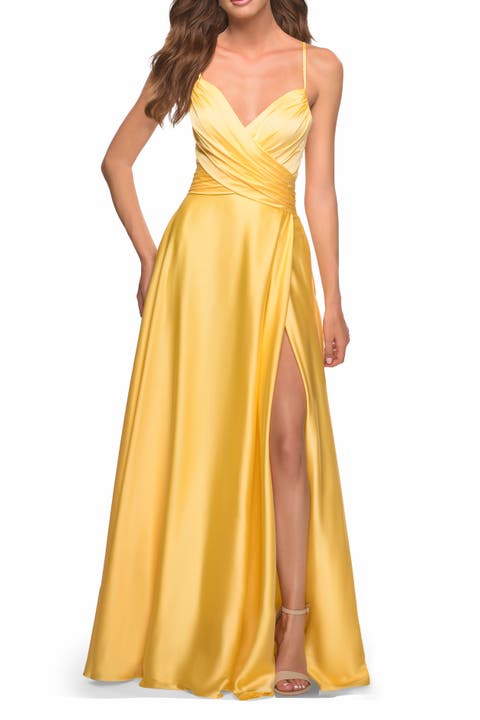Bright Satin Gown with Criss-Cross Ruched Top