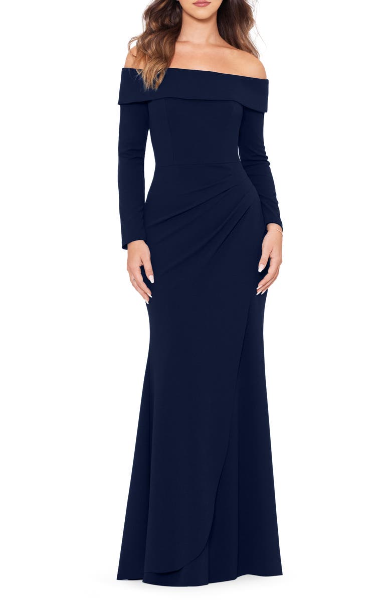 Xscape Evenings Off the Shoulder Long Sleeve Scuba Trumpet Gown, Main, color, 