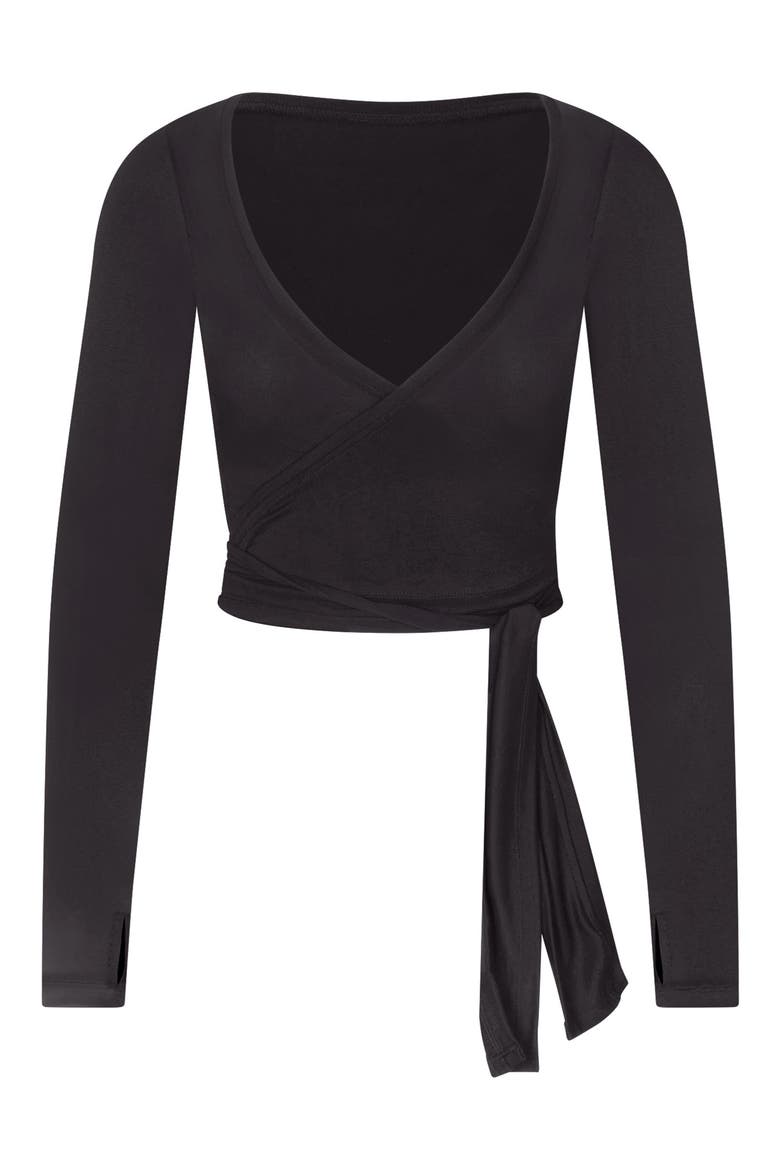 Long Sleeve Stretch Knit Wrap Top, Alternate, color, OBSIDIAN