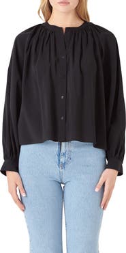 English Factory Shirred Long Sleeve Button-Up Shirt