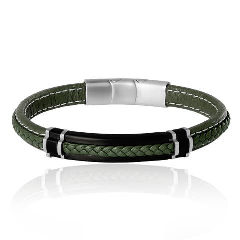 Men's Braided Bracelet, Olive Green with Black Bar, Magnetic Clasp