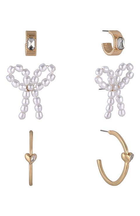 Set of 3 Imitation Pearl Bow & Crystal Hoop Earrings