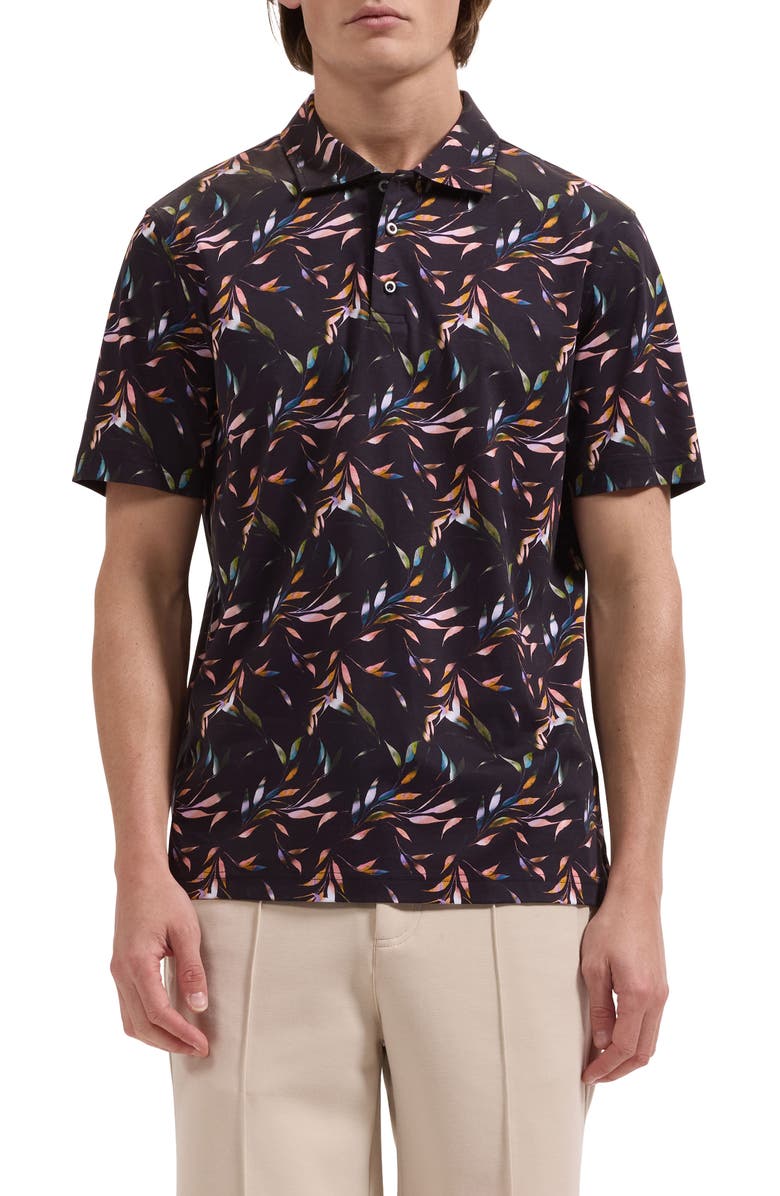 Bugatchi Hendrix Leaf Print Pima Cotton Polo, Main, color, Black