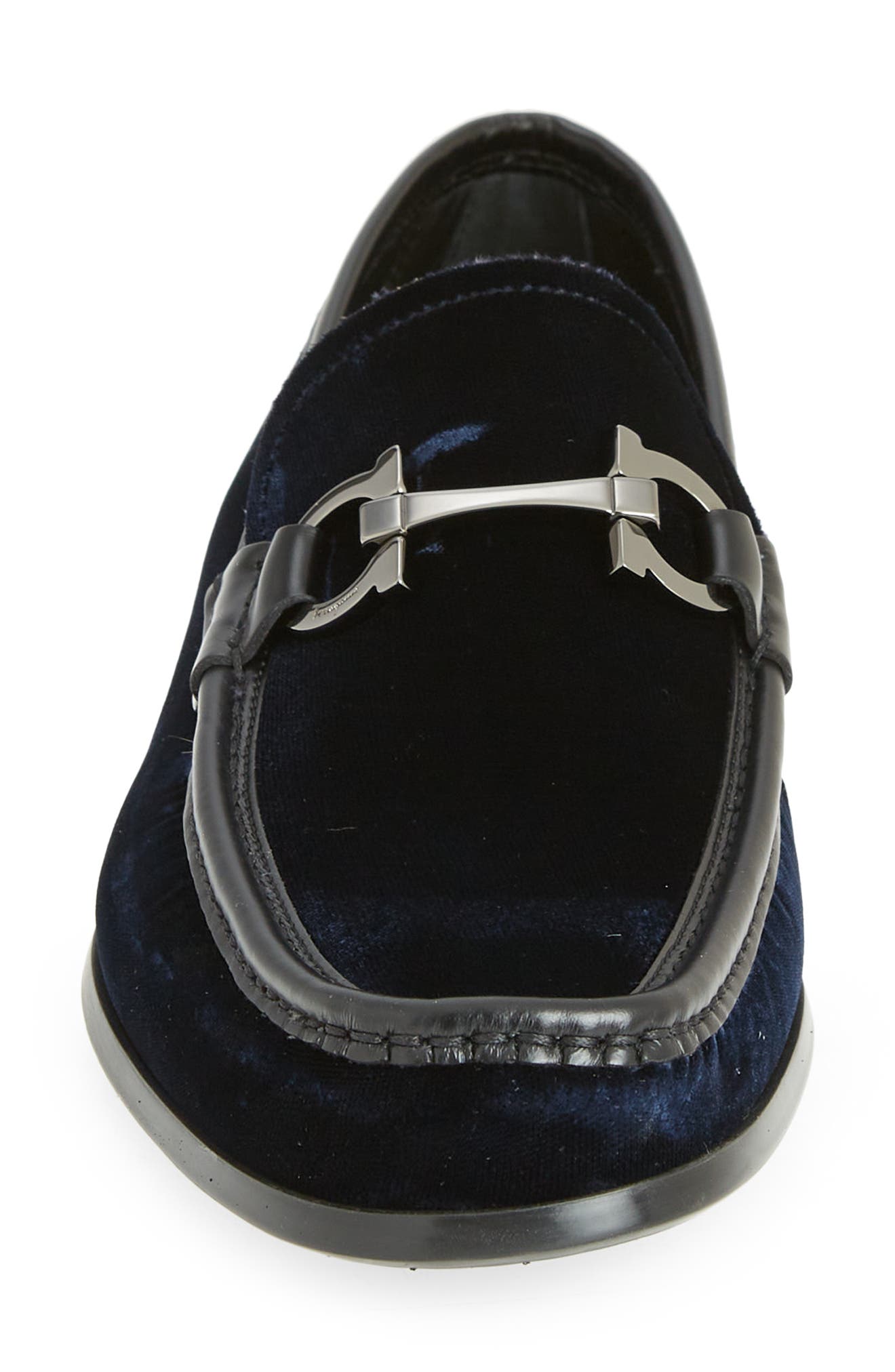 Gandioso Blue Velvet Moccasin with Gancio Ornament, Alternate, color, NAVY/ NERO