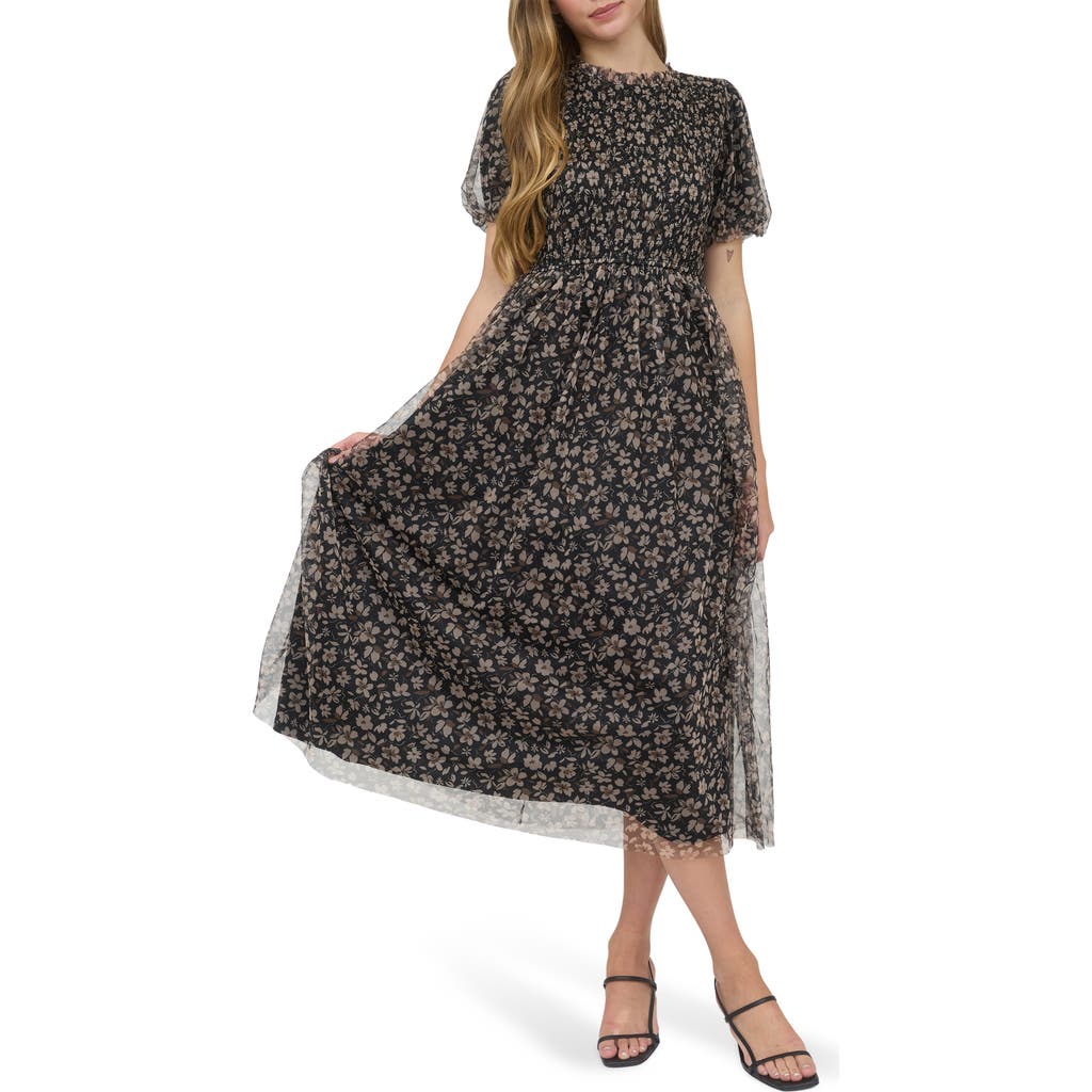 August Sky Floral Smocked Maxi Dress In Black