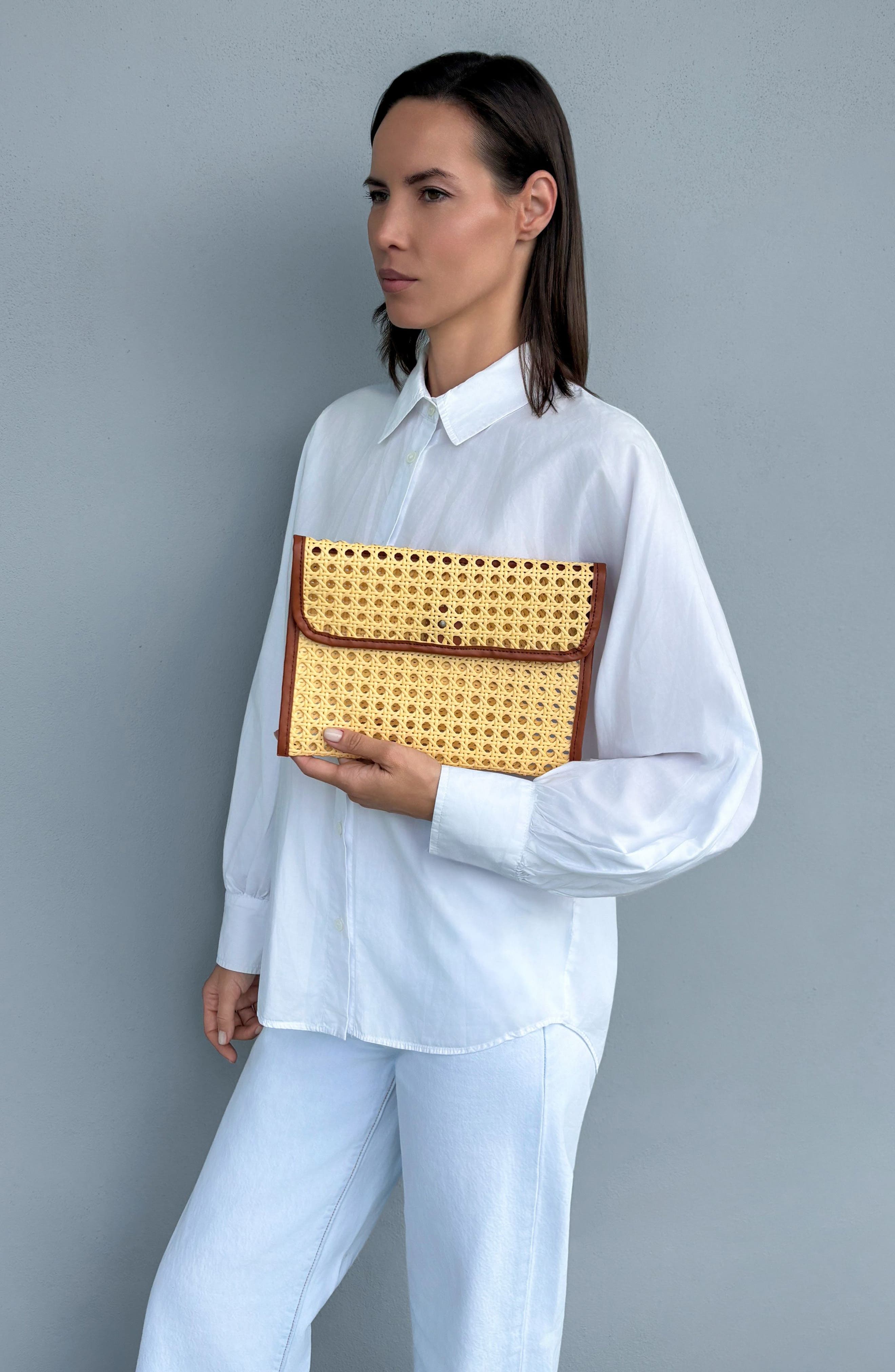 Rattan & Faux Leather Clutch, Alternate, color, BROWN/ TAN