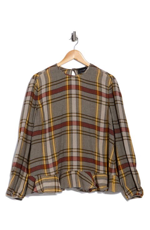Plaid Long Sleeve Ruffle Top
