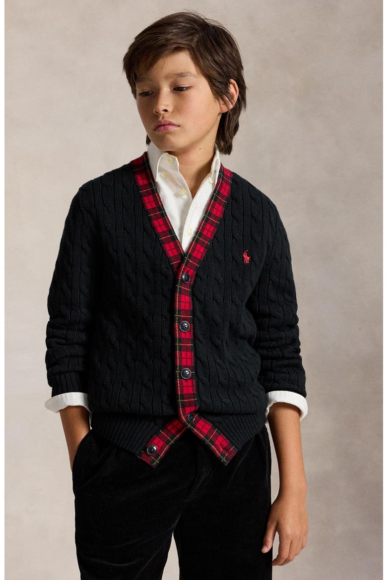 Kids' Plaid Trimmed Cable Cardigan, Main, color, POLO BLACK MULTI