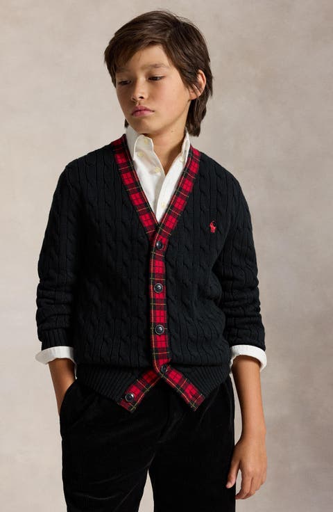 Kids' Plaid Trimmed Cable Cardigan