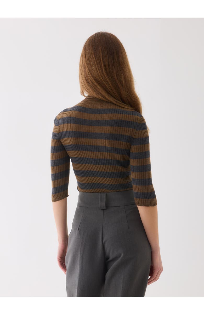 Majestic Filatures Merino Superfine Rib Knit Stripe Turtleneck, Alternate, color, Camel/Anthracite Chine