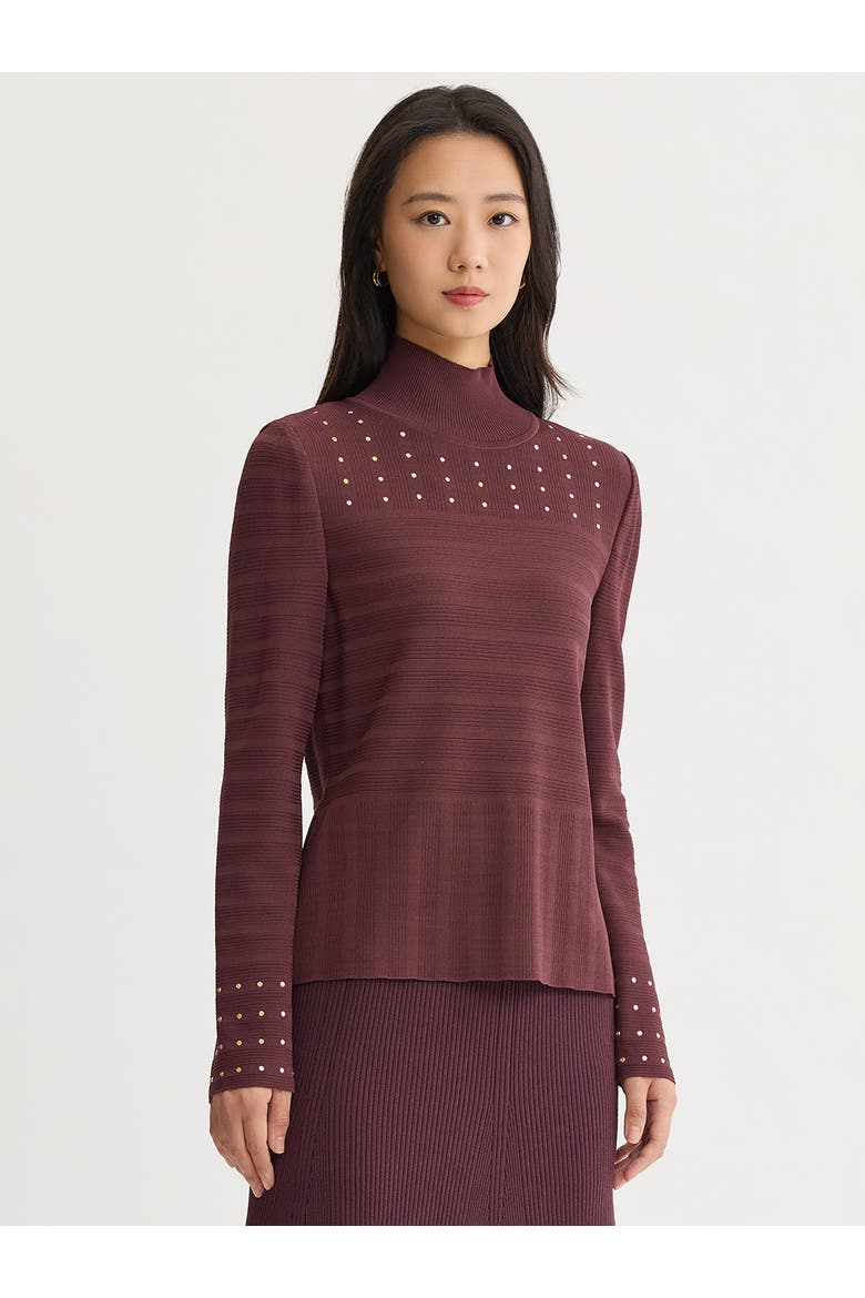 Studded Mock Neck Ribbed Knit Top, Alternate, color, Mahogany