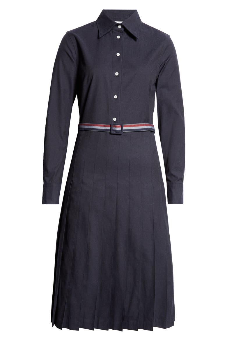 Long Sleeve Pleated Cotton Shirtdress, Alternate, color, NAVY