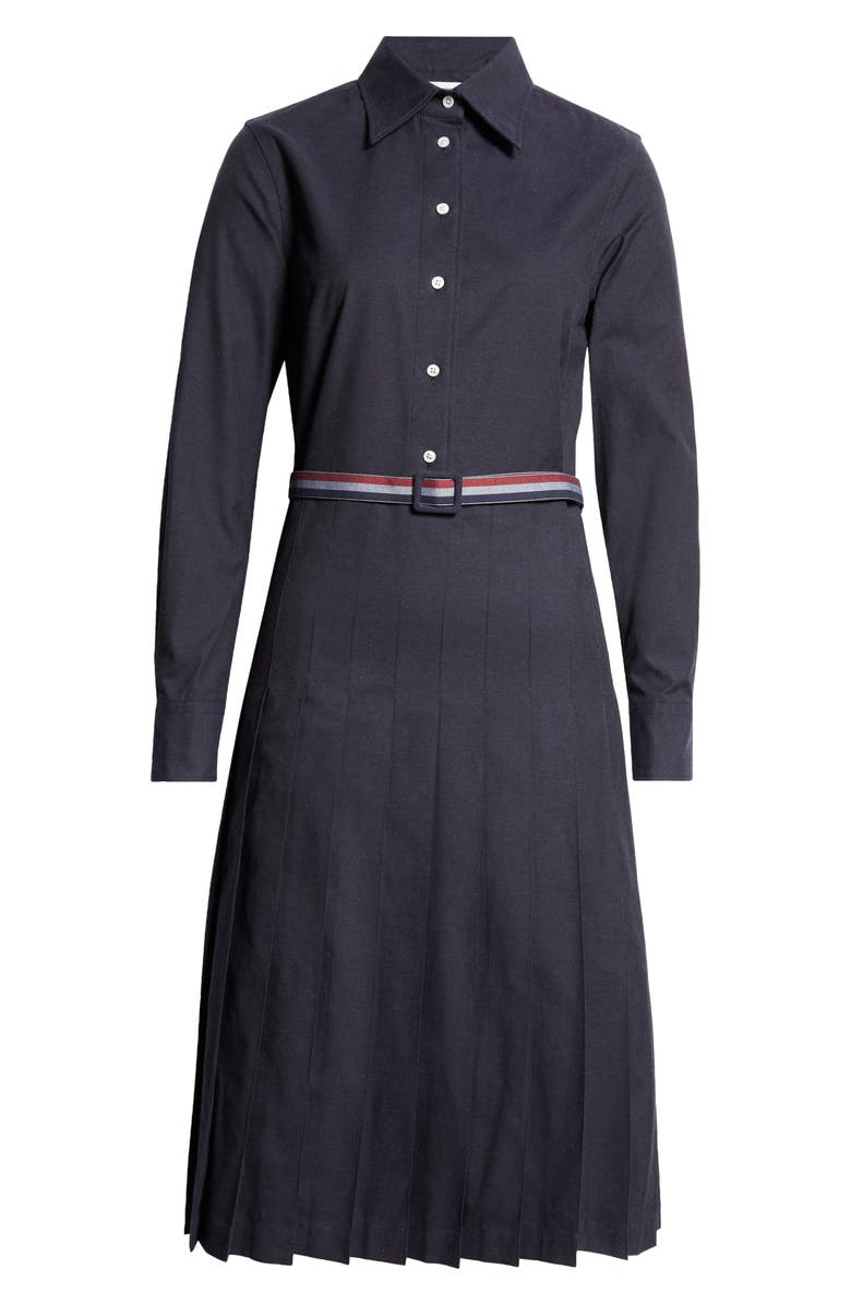 Thom Browne Long Sleeve Pleated Cotton Shirtdress, Alternate, color, 