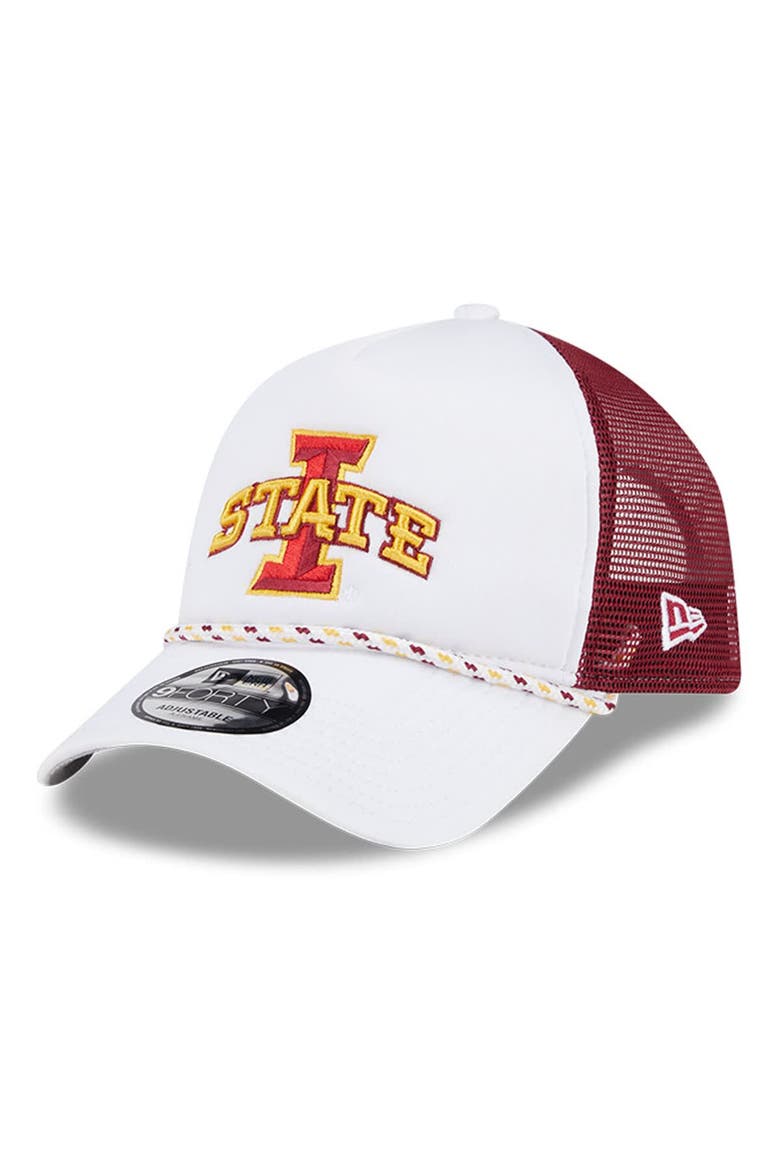 Men's New Era White/Cardinal Iowa State Cyclones Court Sport Foam A-Frame 9FORTY Adjustable Trucker Hat, Main, color, White