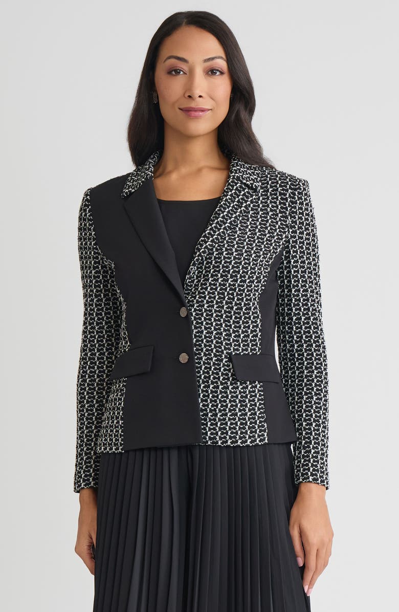 Misook Tailored Mixed Media Tweed Knit Blazer, Main, color, Black/White
