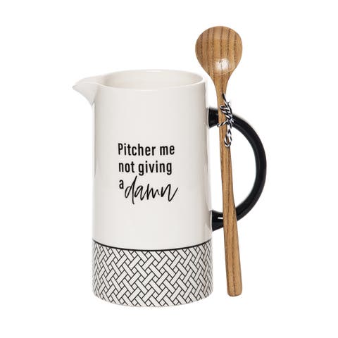 Not Giving A Damn Pitcher w/ Spoon Set of 2 Ceramic White