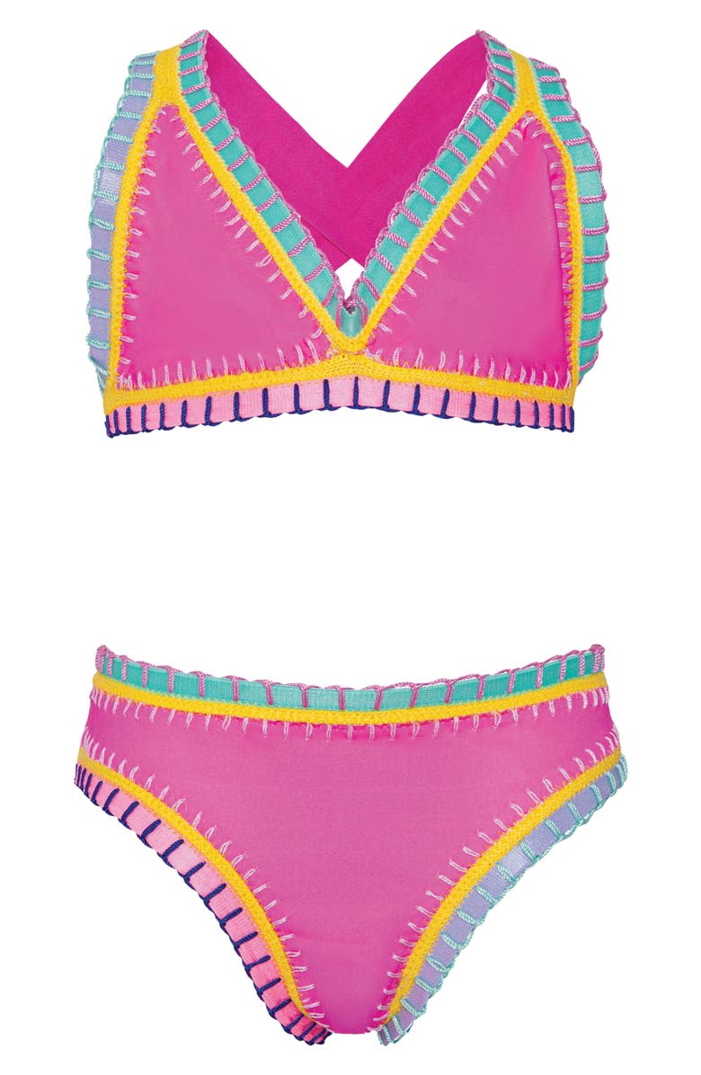 PQ SWIM Kids' Rainbow Embroidered Two-Piece Swimsuit, Main, color, Bright Pink