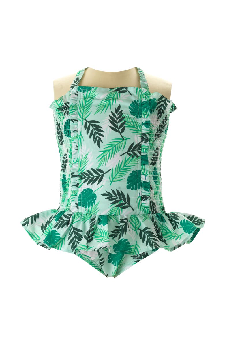 Rachel Riley Palm Tree Ruched Swimsuit, Main, color,