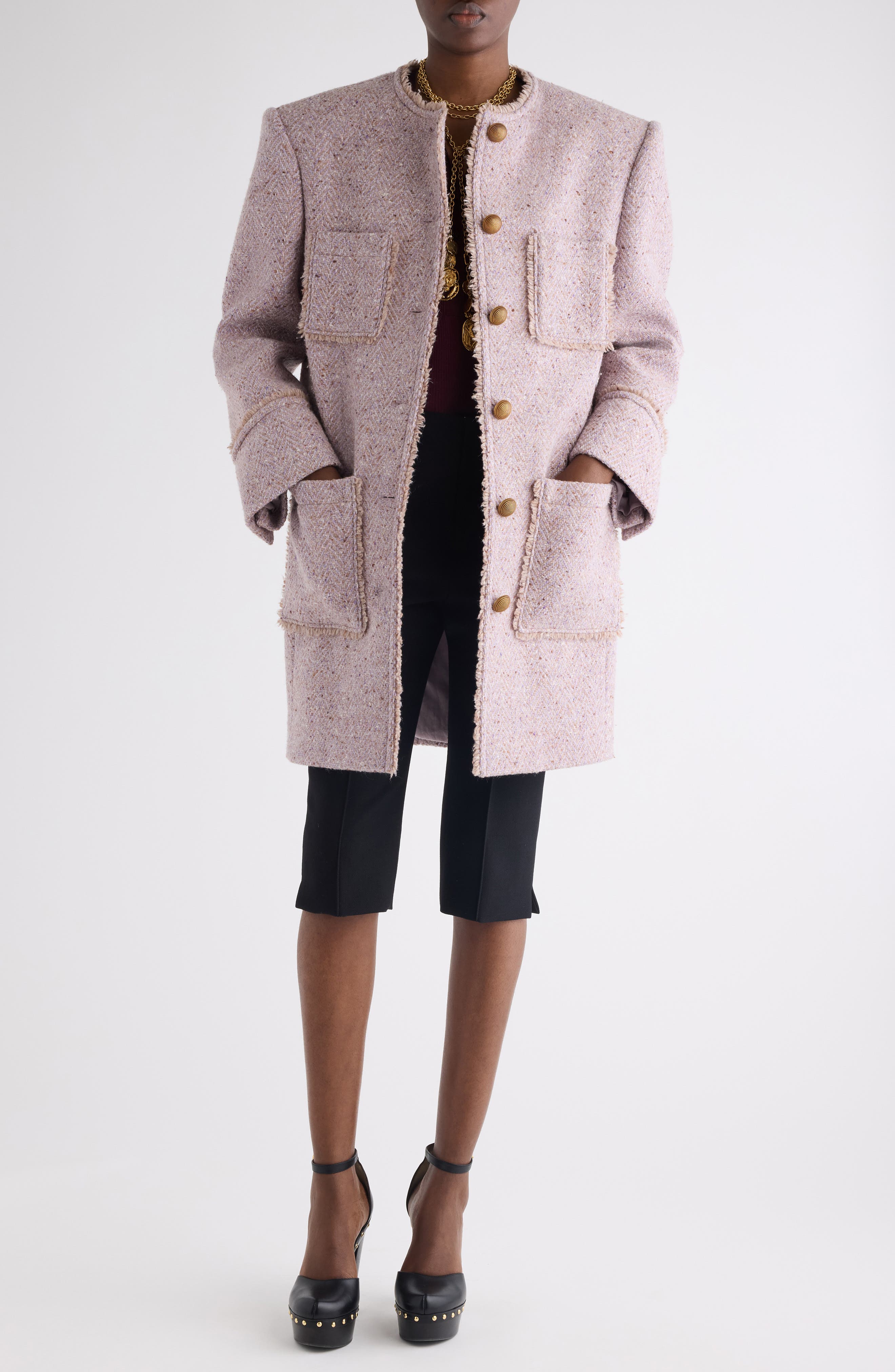 Fringe Wool Blend Tweed Herringbone Jacket - image 2