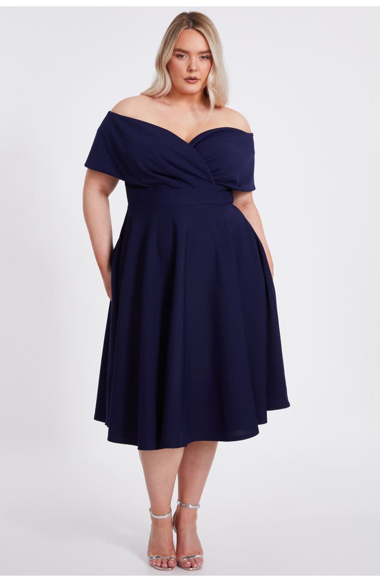 QUIZ Plus Size Scuba Crepe Bardot Wrap Midi Skater Dress, Main, color,
