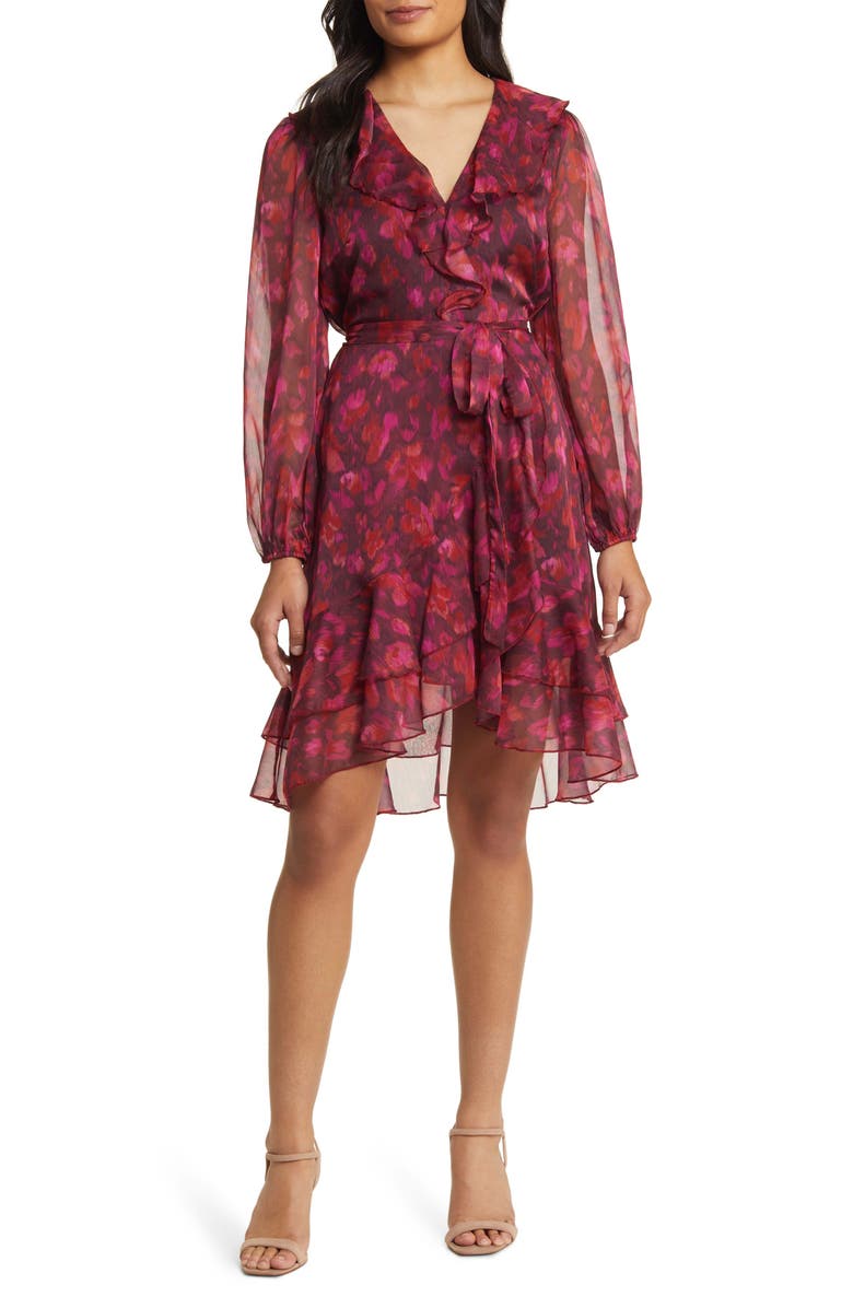 Sam Edelman Floral Ruffle Long Sleeve Chiffon Dress, Main, color, Ruby Multi