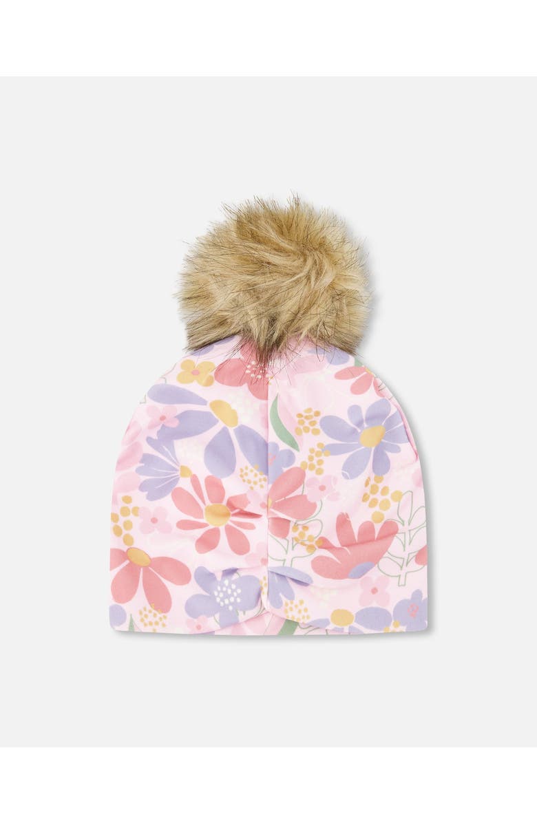 Deux par Deux Stretch Jersey Hat Flower Print with Pompom, Alternate, color, Pink Flower Print