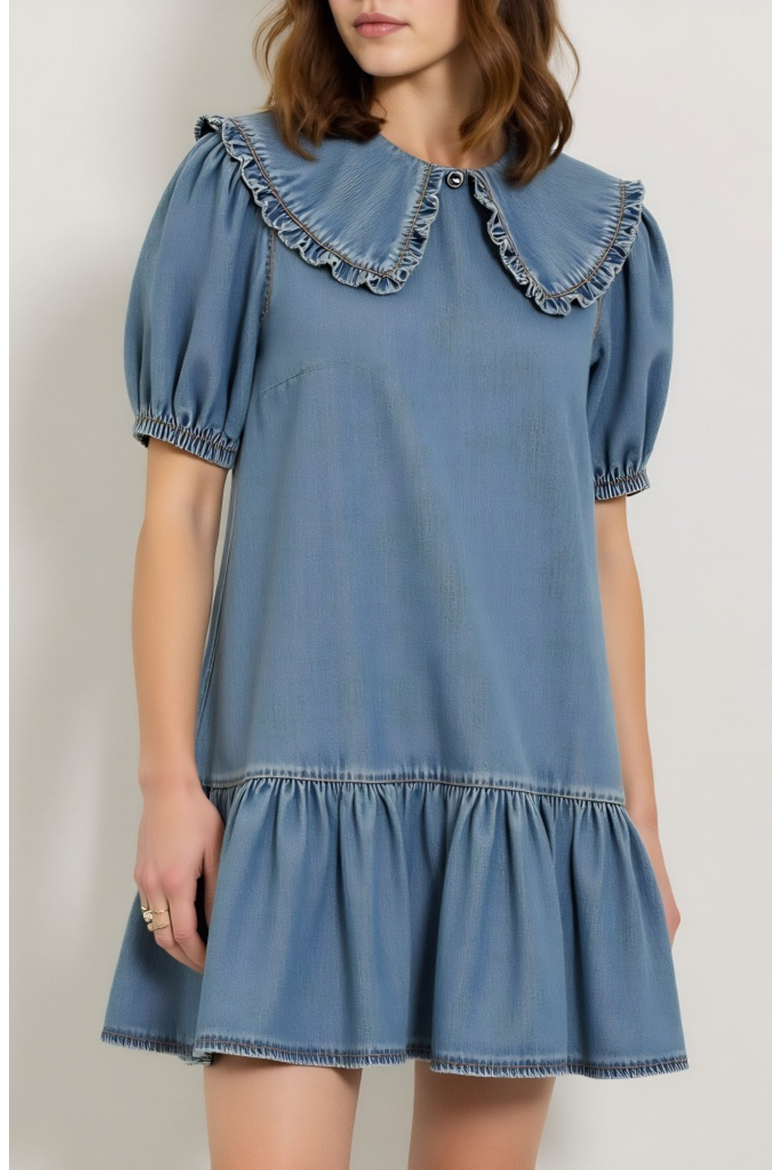 Ruffled Collar Dress with Puff Sleeves and Tiered Hem, Alternate, color, Light Blue