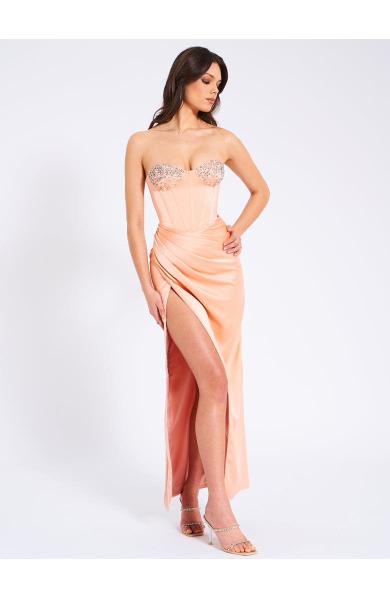 Miss Circle Amelia Satin Corset Slit Gown With Crystal Embellished, Alternate, color, Blush
