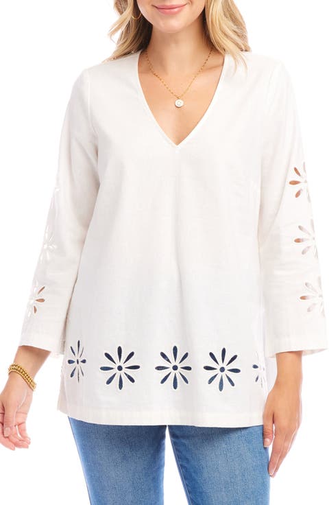Floral Embroidered Eyelet Linen & Cotton Tunic Top