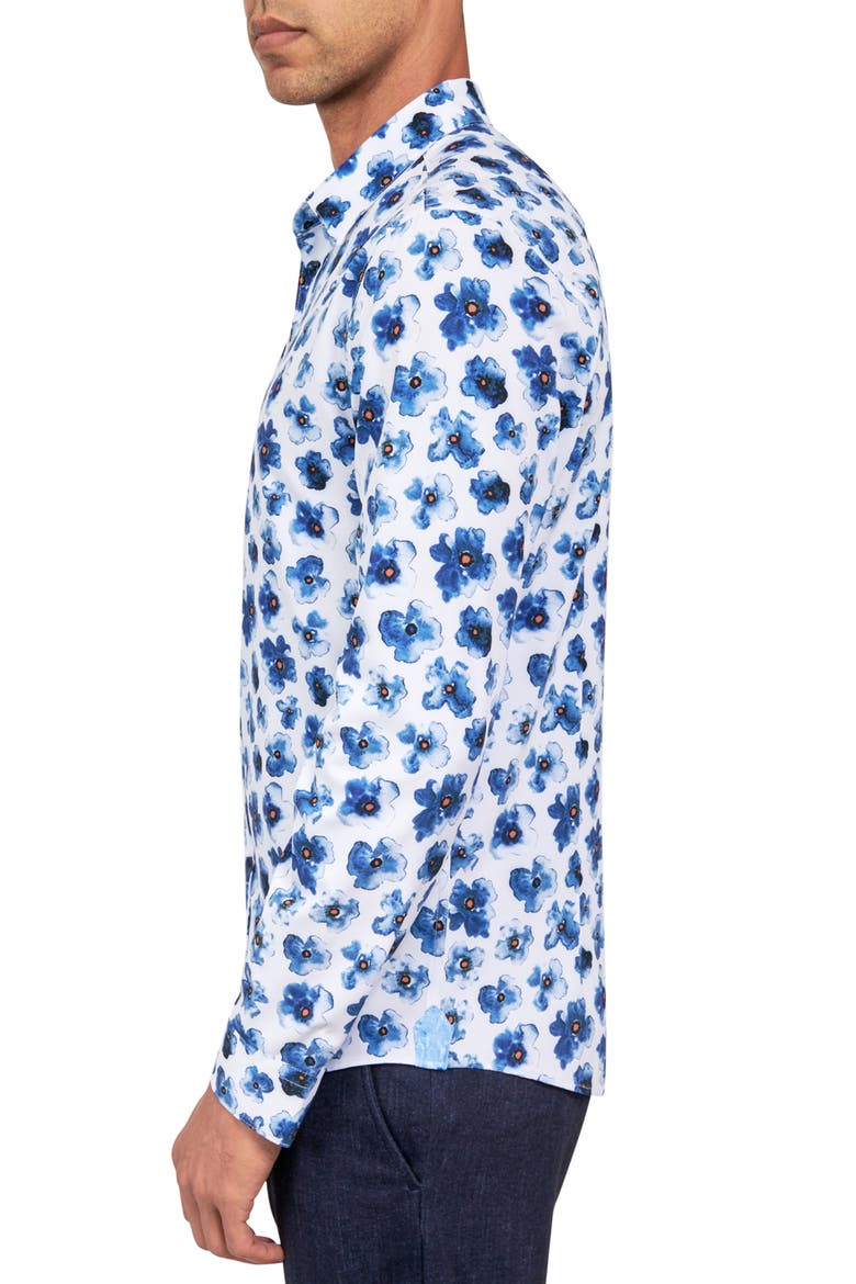 Slim Fit Watercolor Floral 4-Way Stretch Performance Long Sleeve Shirt, Alternate, color, BLUE