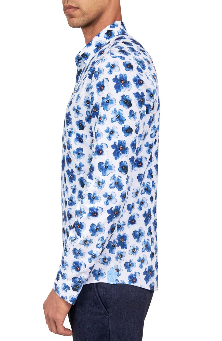 Brooklyn Brigade Slim Fit Watercolor Floral 4-Way Stretch Performance Long Sleeve Shirt, Alternate, color, Blue