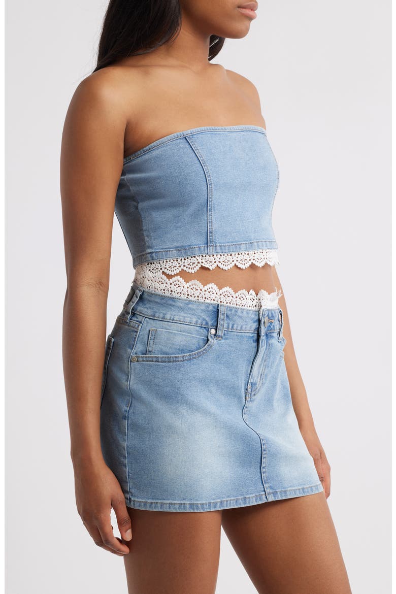 Misty Lace Trim Strapless Denim Top, Alternate, color, LIGHT WASH