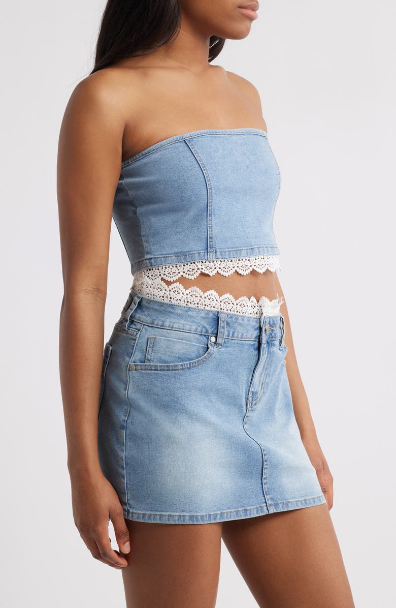 PTCL Misty Lace Trim Strapless Denim Top, Alternate, color, Light Wash