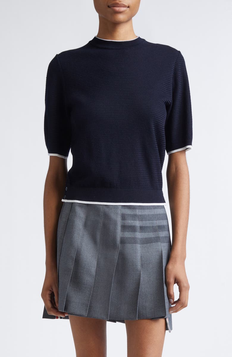 Thom Browne Tipped Textured Stitch Short Sleeve Virgin Wool Top, Main, color, Navy