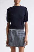 Thom Browne Tipped Textured Stitch Short Sleeve Virgin Wool Top